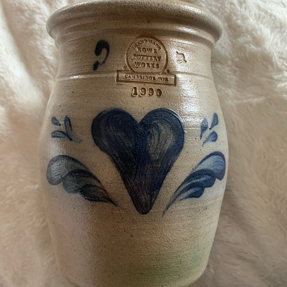 Vintage 1990 Rowe Pottery Blue Heart Stoneware Crock- Hand thrown